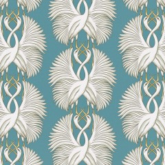 fabric cranes teal printed cotton flat