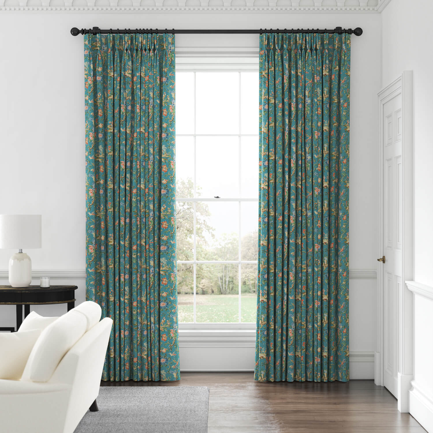 Chinese Garden Teal Linen Mix Made To Measure Curtains Warner House