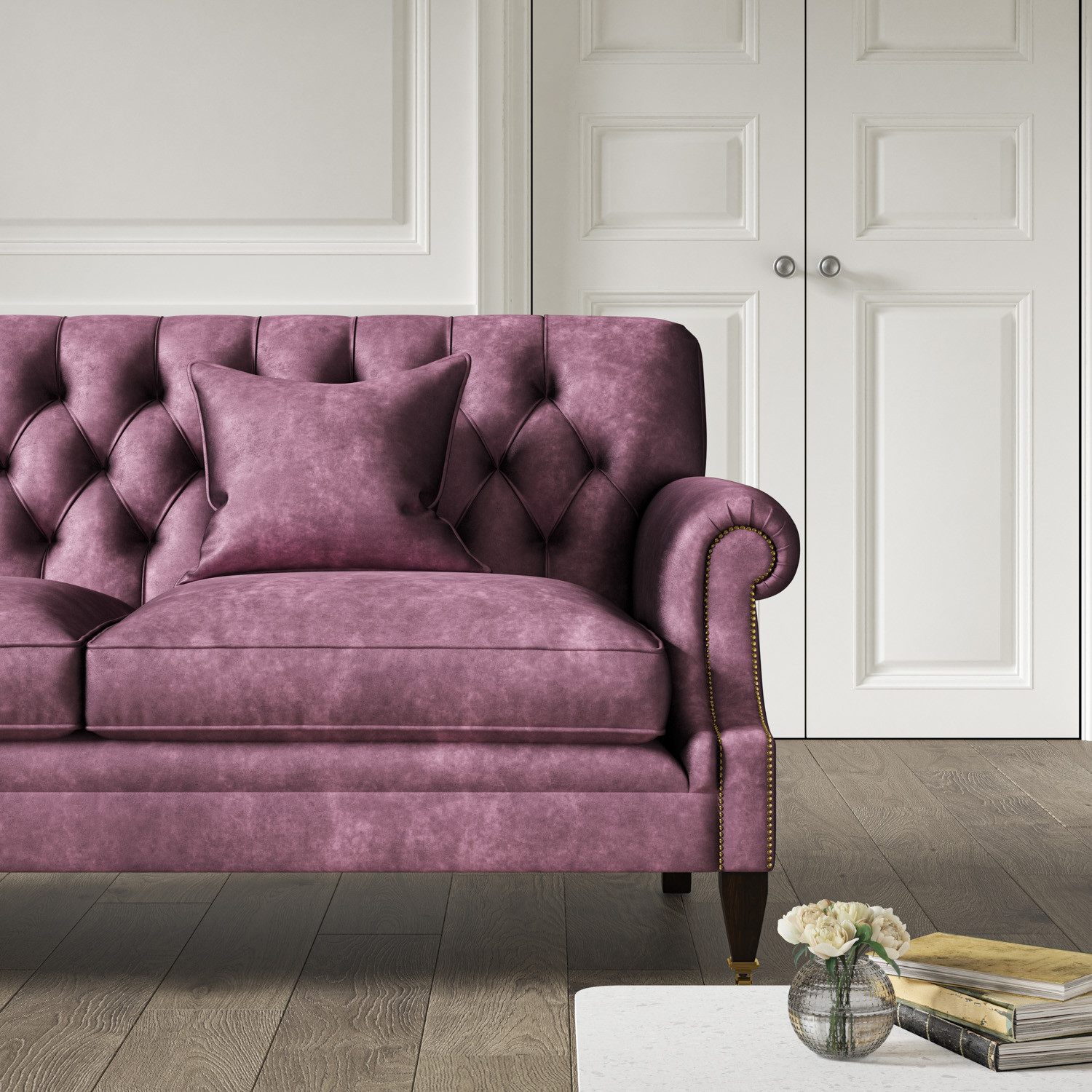 Purple tufted couch deals