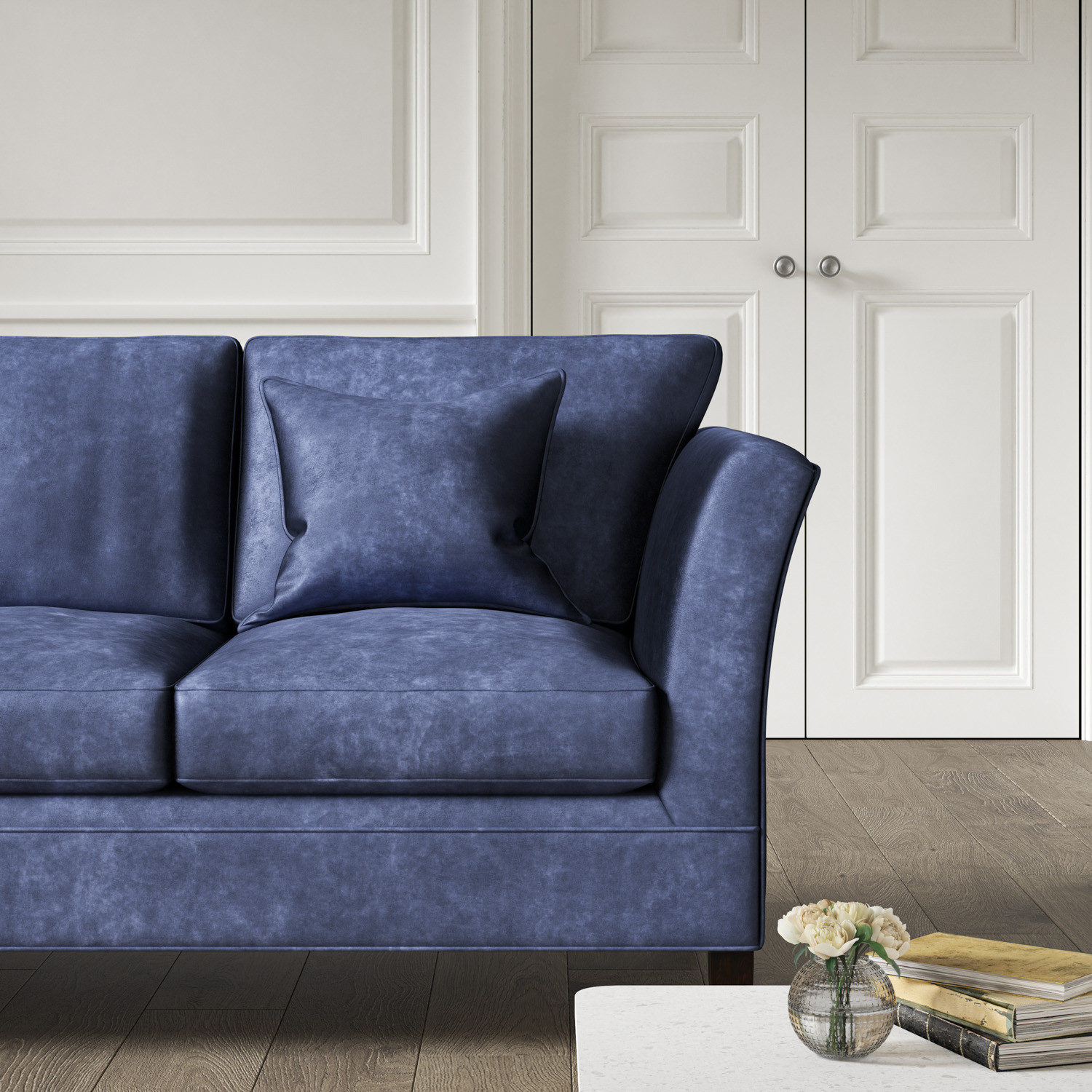 Blue velvet 4 seater sofa deals