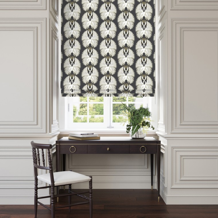 cranes ebony printed cotton roman blinds