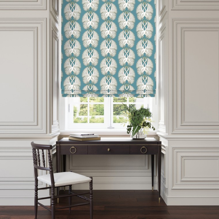 cranes teal printed cotton roman blinds