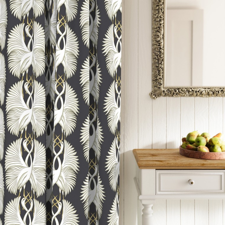 cranes ebony printed cotton curtains