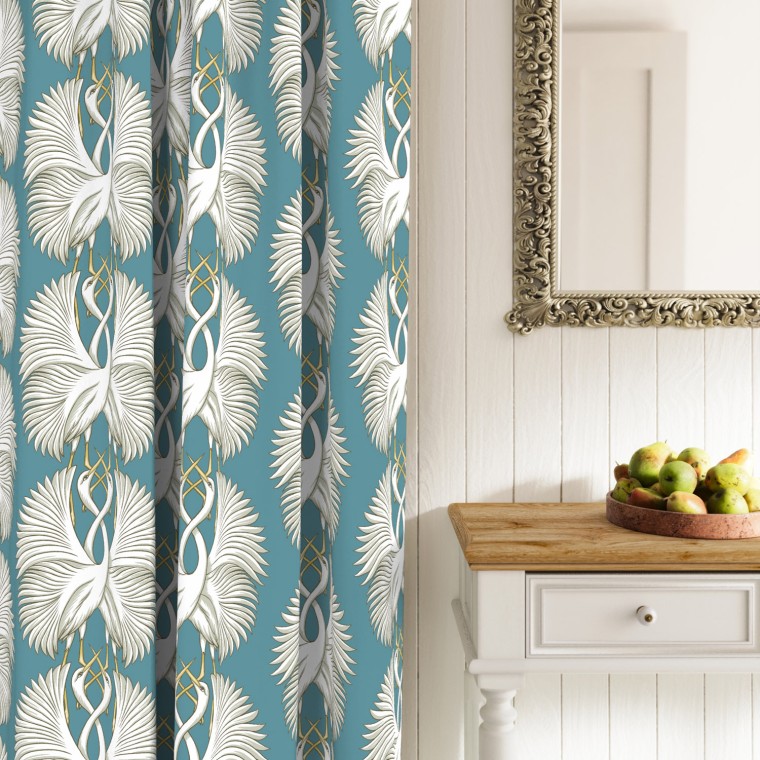 cranes teal printed cotton curtains
