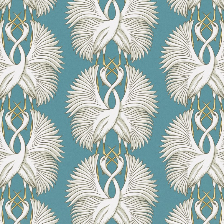 fabric cranes teal printed cotton flat